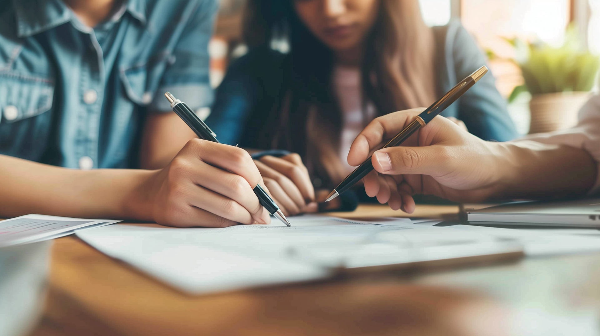 Hands of a real estate agent explaining keys to home financing and building equity to home buyers.