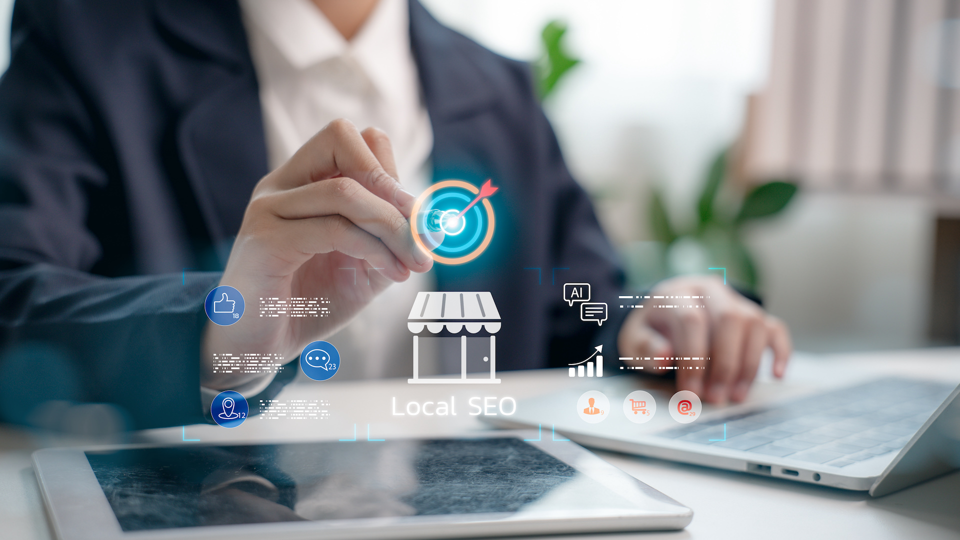 Real estate agent working on local SEO strategy with digital marketing icons and location targeting. Concept of online visibility with Google Business Profiles.