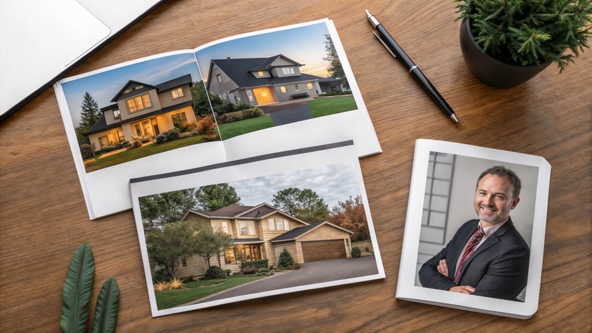 Examples of a real estate agents branding on their marketing brochures and professional headshot.