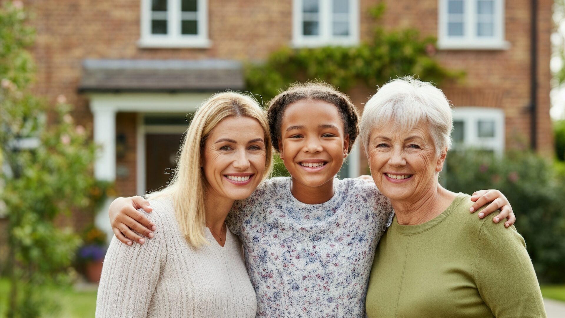 Grandmother, mother and daughter hugging and smiling in front of their house representing generational trends in homeownership.