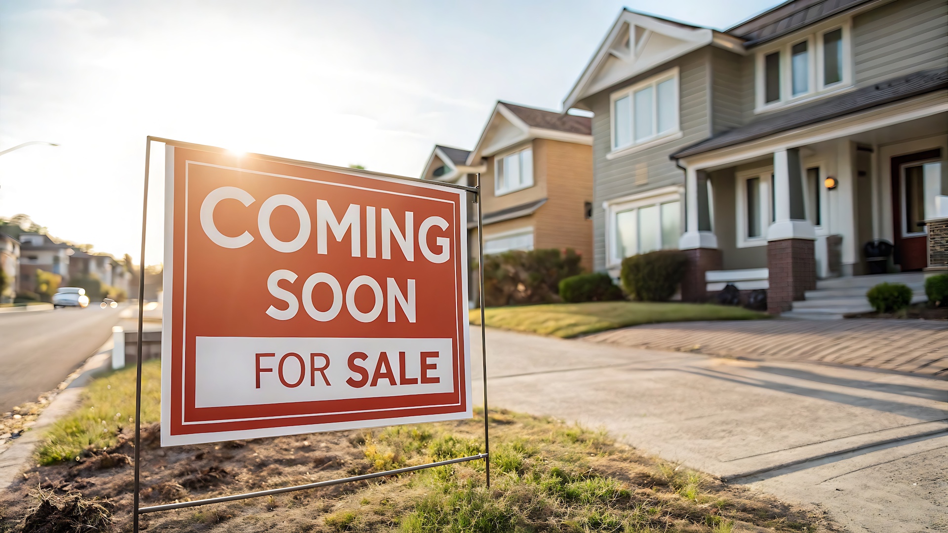 Home with a coming soon listings sign in the lawn out front.