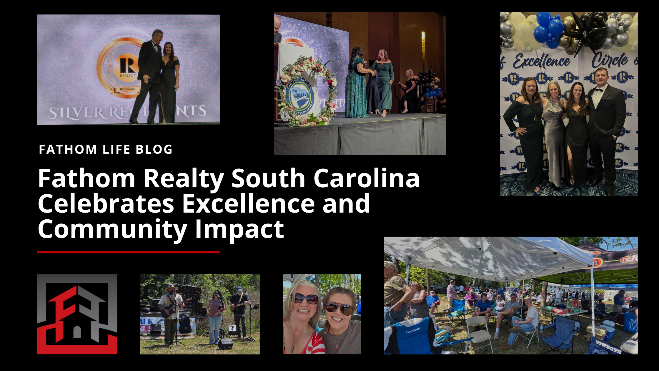 Hero image of Fathom Realty South Carolina agents at awards ceremony and Veterans event.