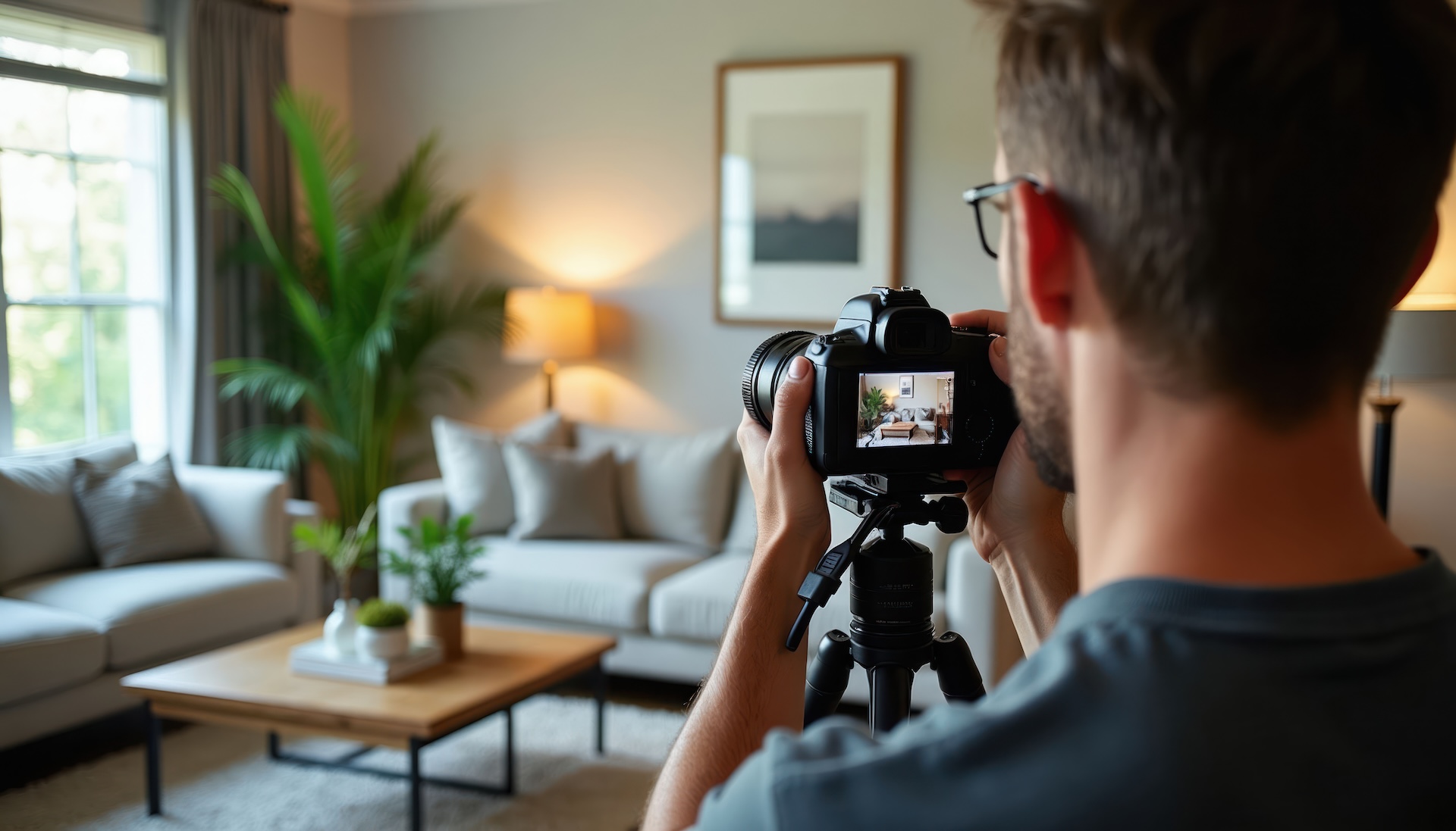 Male real estate agent takes pro photos of modern living room interior decor. Man uses camera on tripod to shoot stylish home furnishings, furniture and design elements showing his real estate skills.